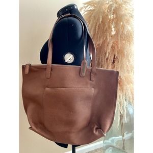 Street Level Faux Vegan Tan Camel Cognac Leather Zip Tote Bag